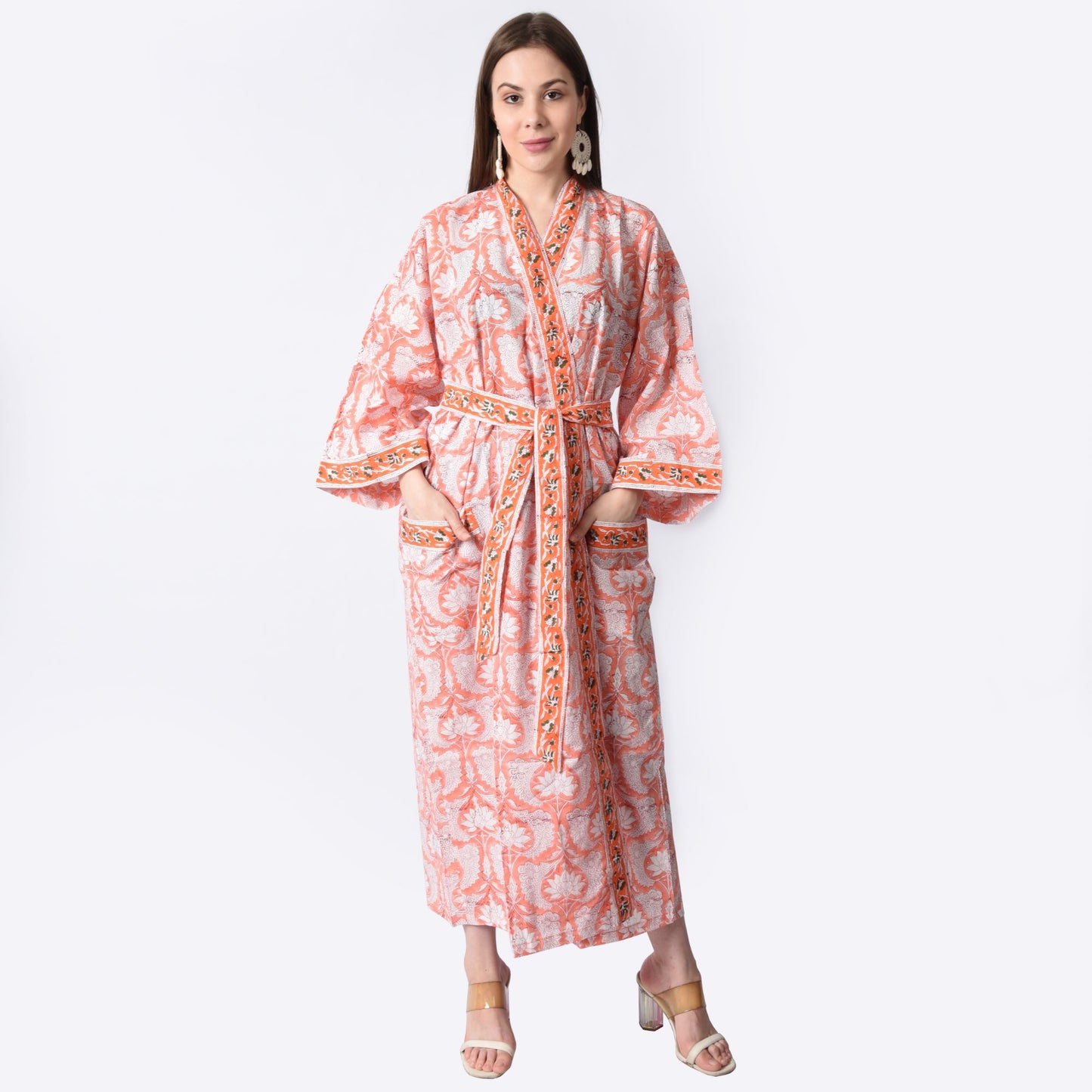 Hand Block Printed Sanganeri Jaipuri Floral Women Casual Kimono Dress Beach wear sleepwear belted dress