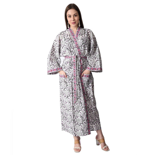 Hand Block Printed Sanganeri Jaipuri Floral Women Casual Kimono Dress Beach wear sleepwear belted dress