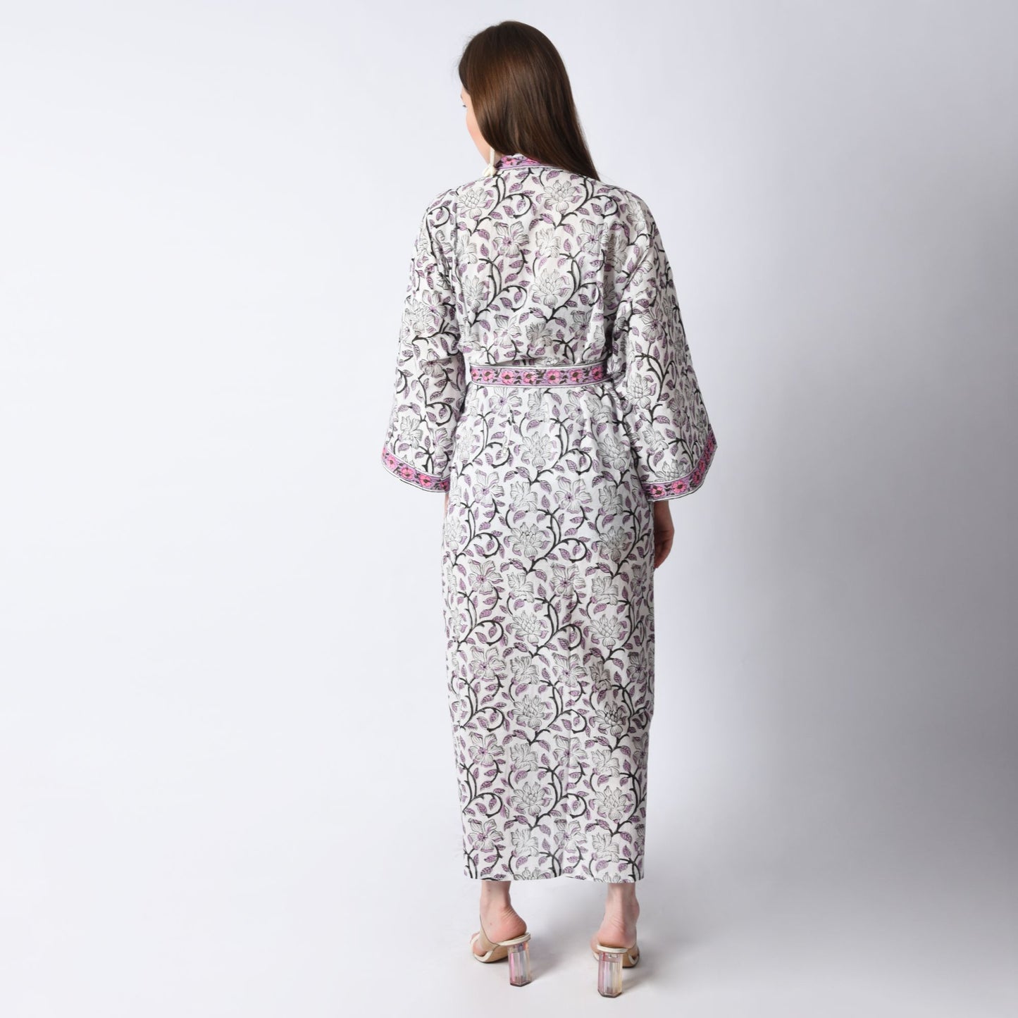 Hand Block Printed Sanganeri Jaipuri Floral Women Casual Kimono Dress Beach wear sleepwear belted dress