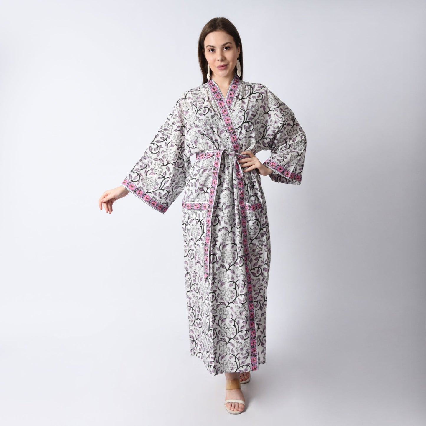 Hand Block Printed Sanganeri Jaipuri Floral Women Casual Kimono Dress Beach wear sleepwear belted dress