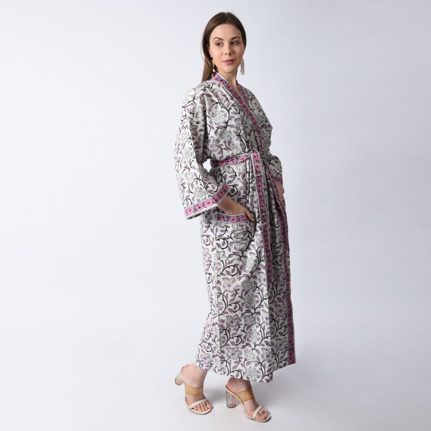 Hand Block Printed Sanganeri Jaipuri Floral Women Casual Kimono Dress Beach wear sleepwear belted dress