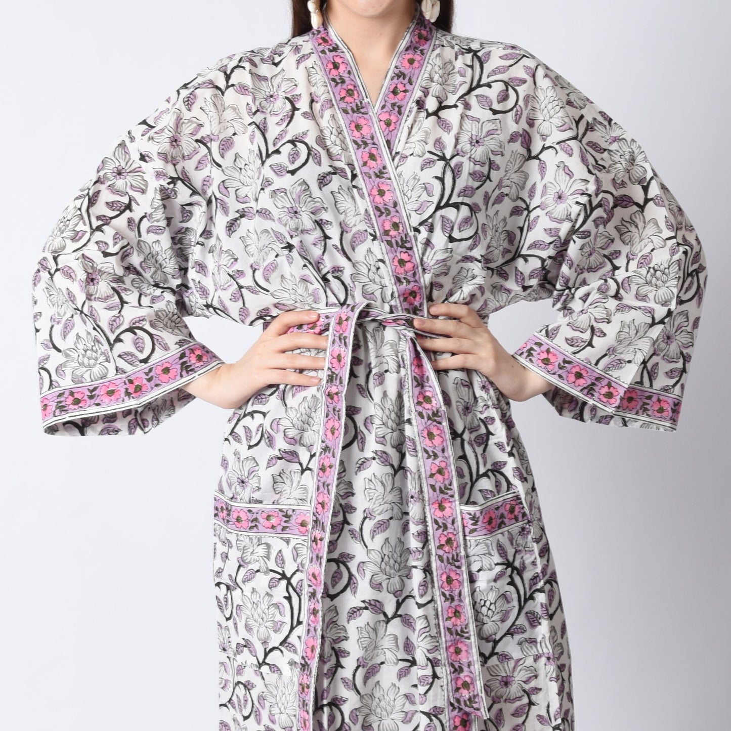 Hand Block Printed Sanganeri Jaipuri Floral Women Casual Kimono Dress Beach wear sleepwear belted dress