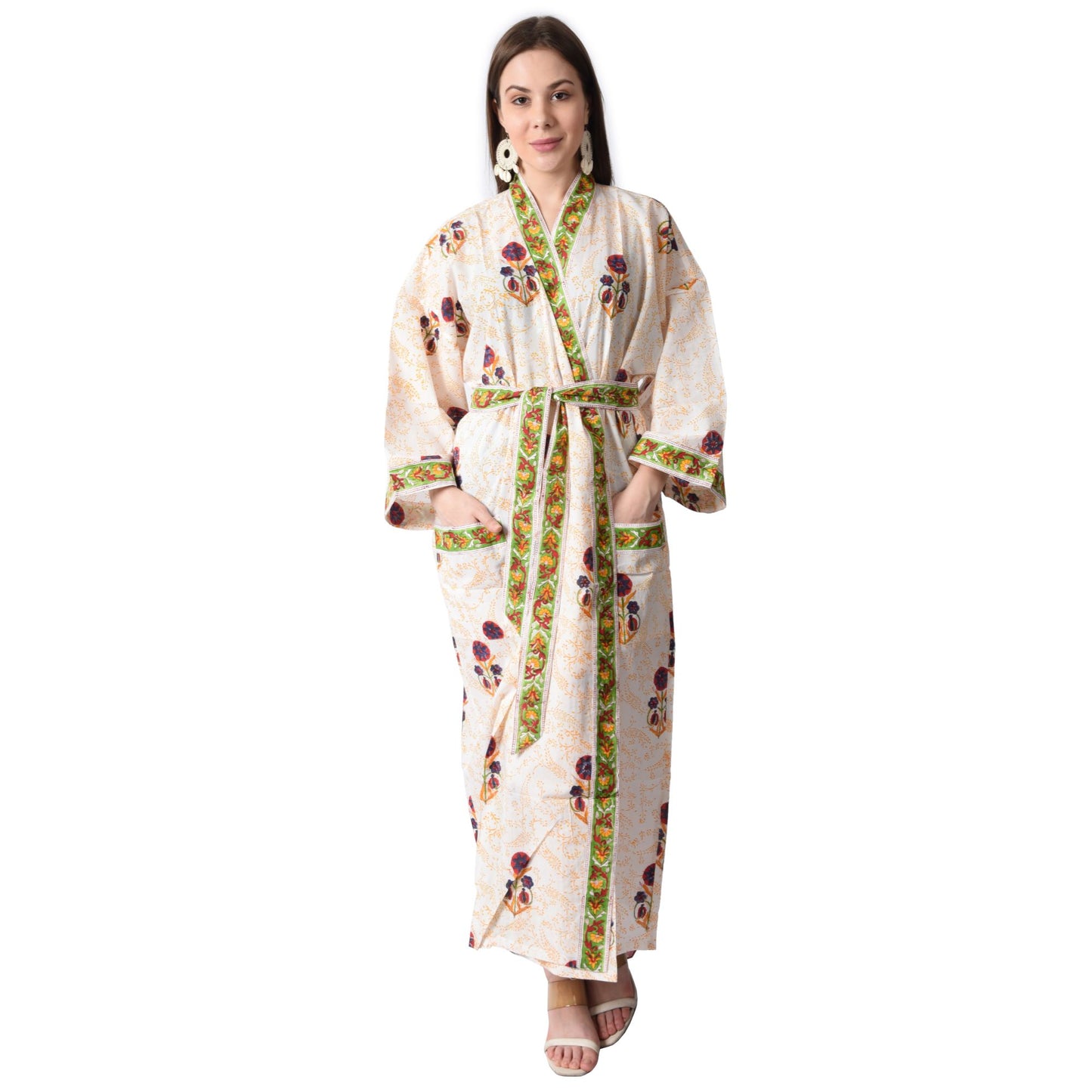 Hand Block Printed Sanganeri Jaipuri Floral Women Casual Kimono Dress Beach wear sleepwear belted dress