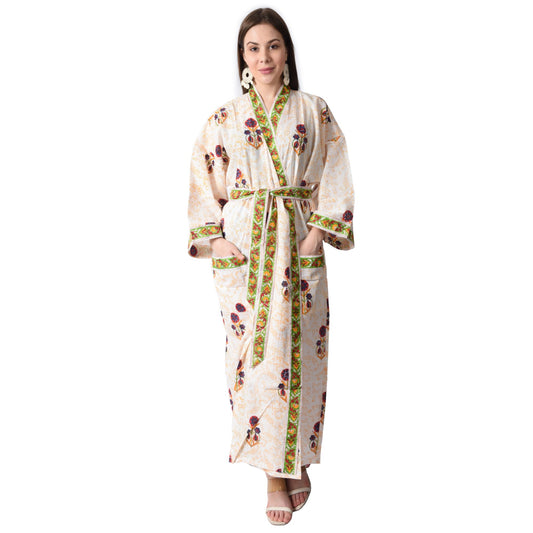 Hand Block Printed Sanganeri Jaipuri Floral Women Casual Kimono Dress Beach wear sleepwear belted dress