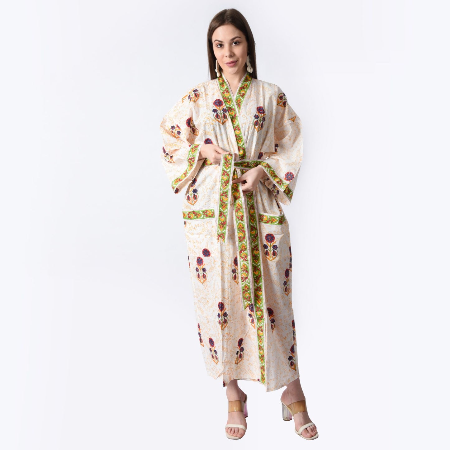 Hand Block Printed Sanganeri Jaipuri Floral Women Casual Kimono Dress Beach wear sleepwear belted dress