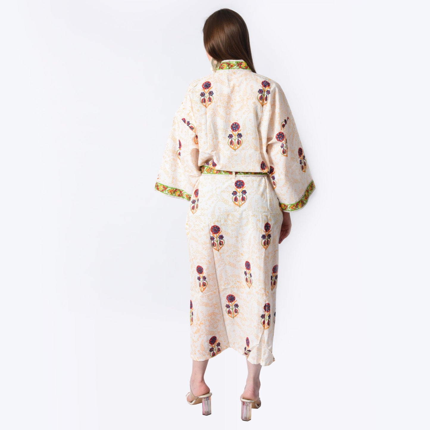 Hand Block Printed Sanganeri Jaipuri Floral Women Casual Kimono Dress Beach wear sleepwear belted dress