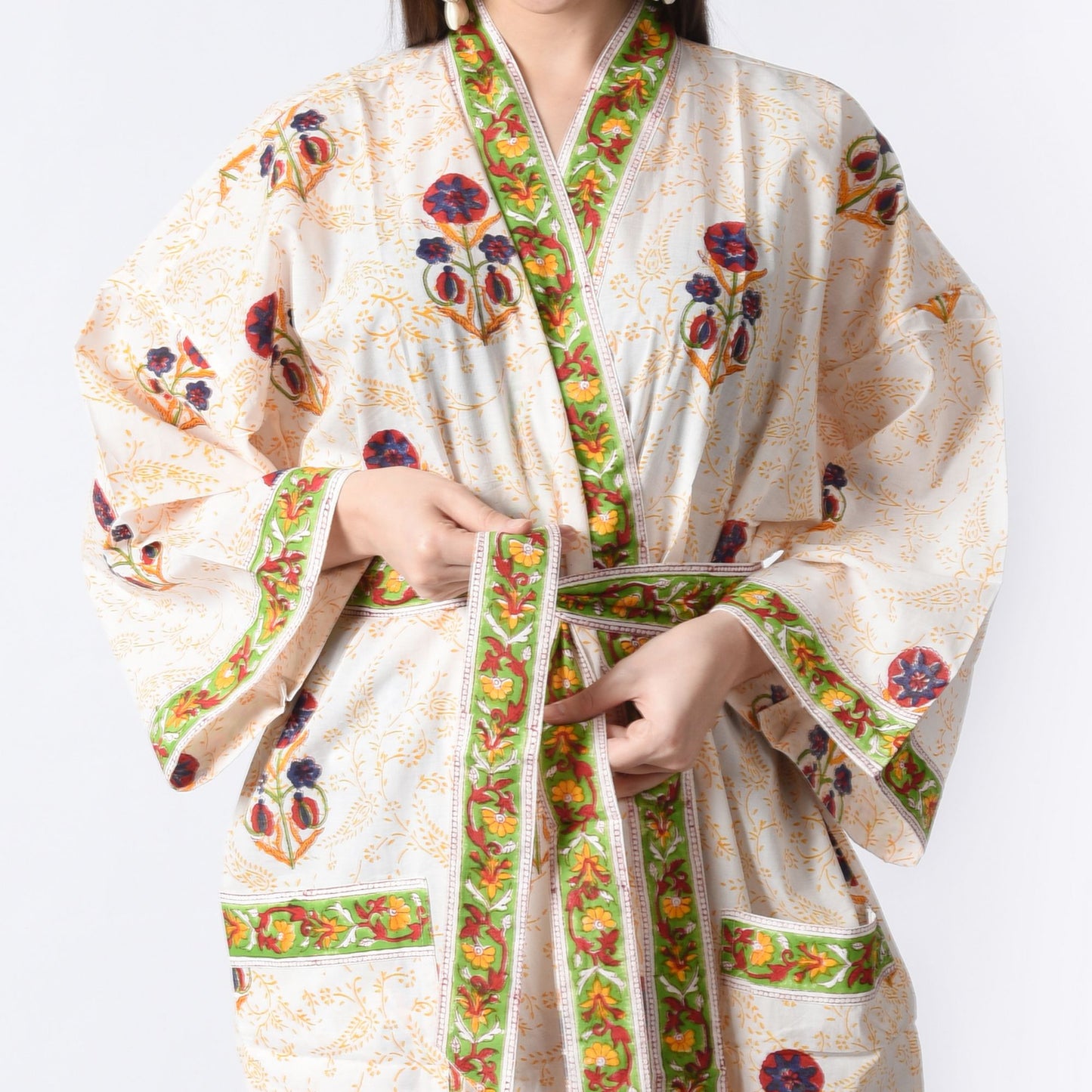 Hand Block Printed Sanganeri Jaipuri Floral Women Casual Kimono Dress Beach wear sleepwear belted dress