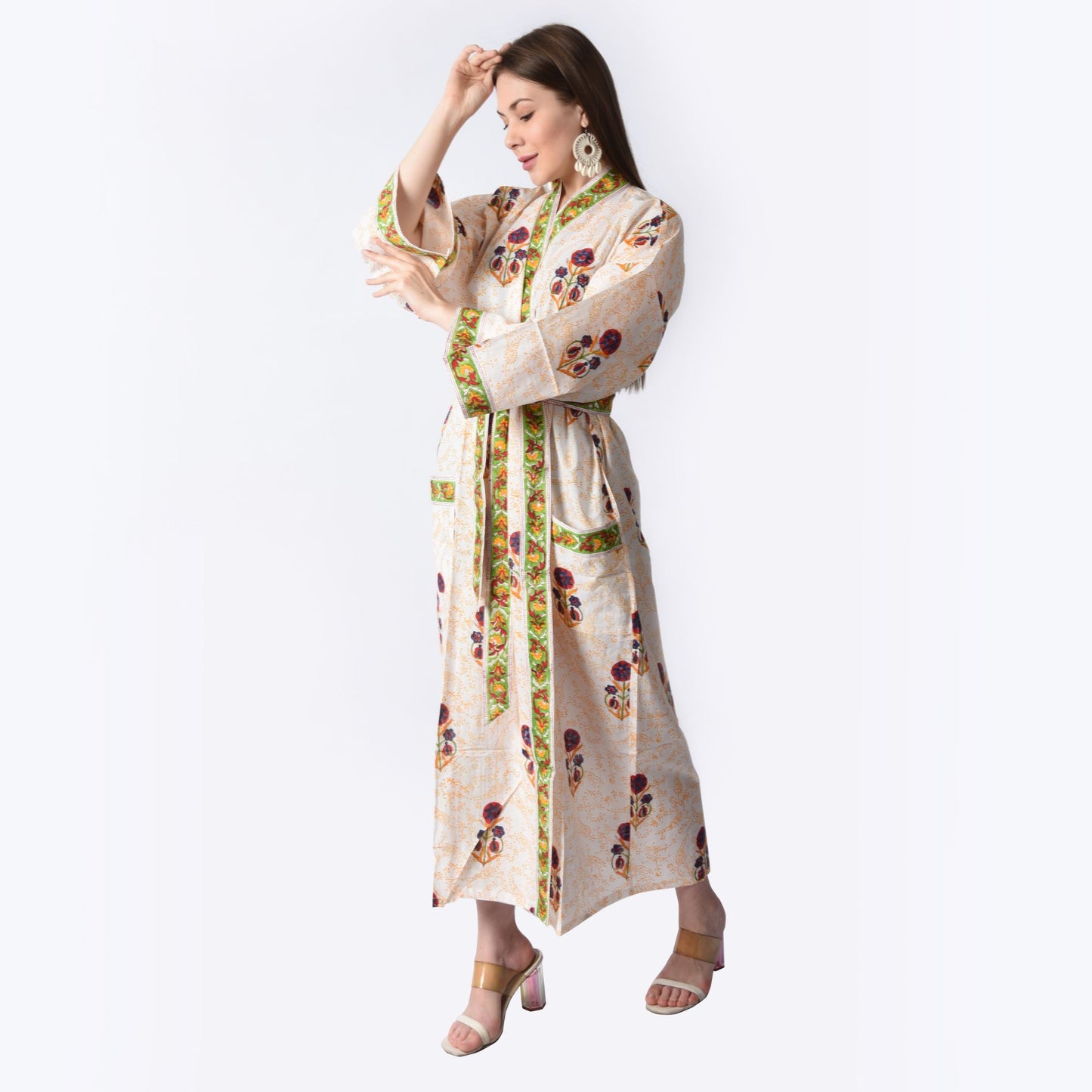 Hand Block Printed Sanganeri Jaipuri Floral Women Casual Kimono Dress Beach wear sleepwear belted dress