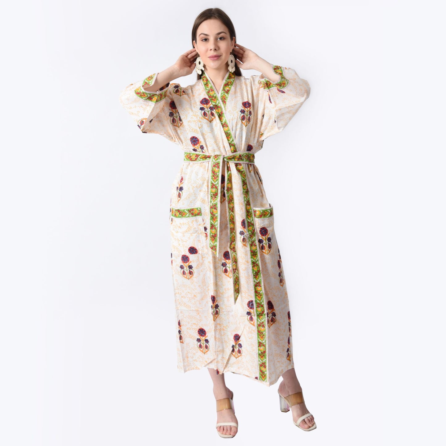Hand Block Printed Sanganeri Jaipuri Floral Women Casual Kimono Dress Beach wear sleepwear belted dress