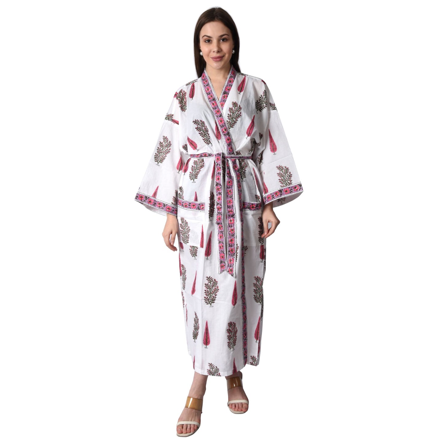 Hand Block Printed Sanganeri Jaipuri Floral Women Casual Kimono Dress Beach wear sleepwear belted dress