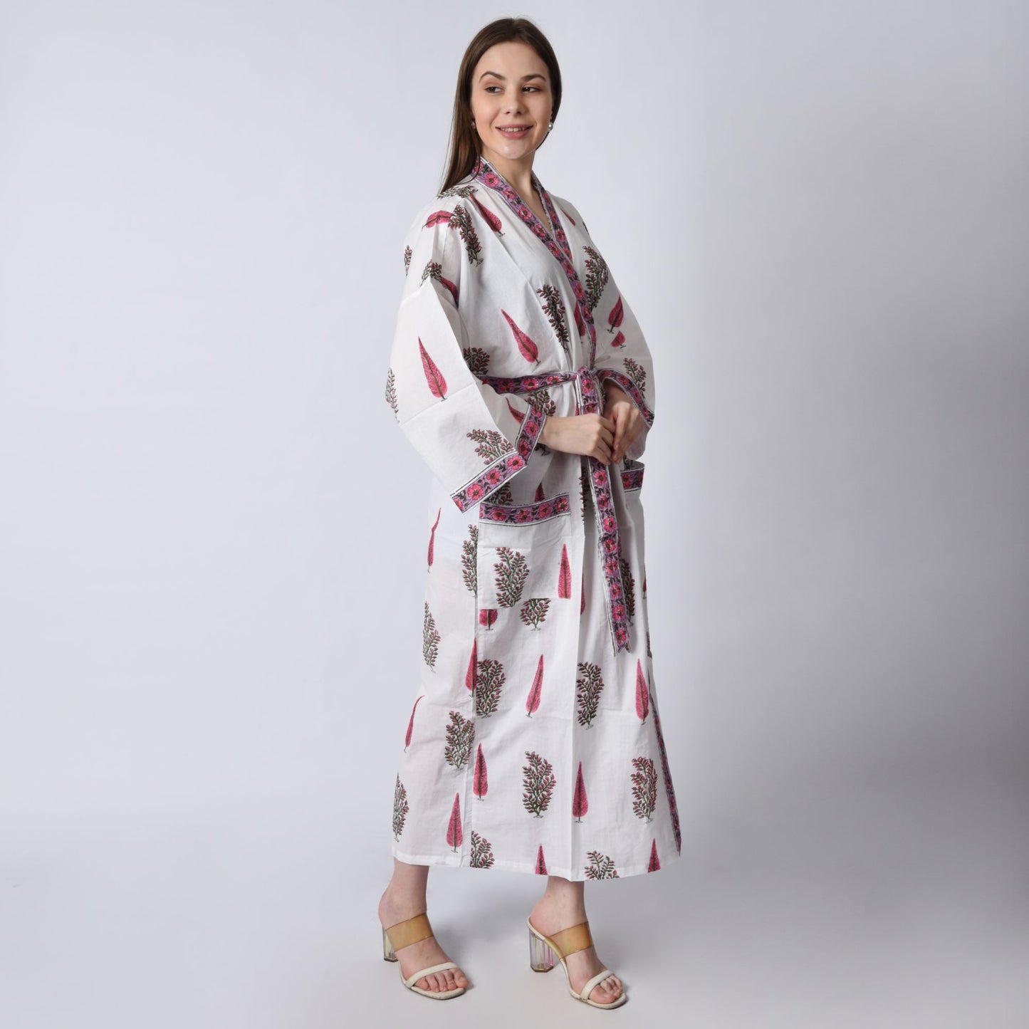 Hand Block Printed Sanganeri Jaipuri Floral Women Casual Kimono Dress Beach wear sleepwear belted dress
