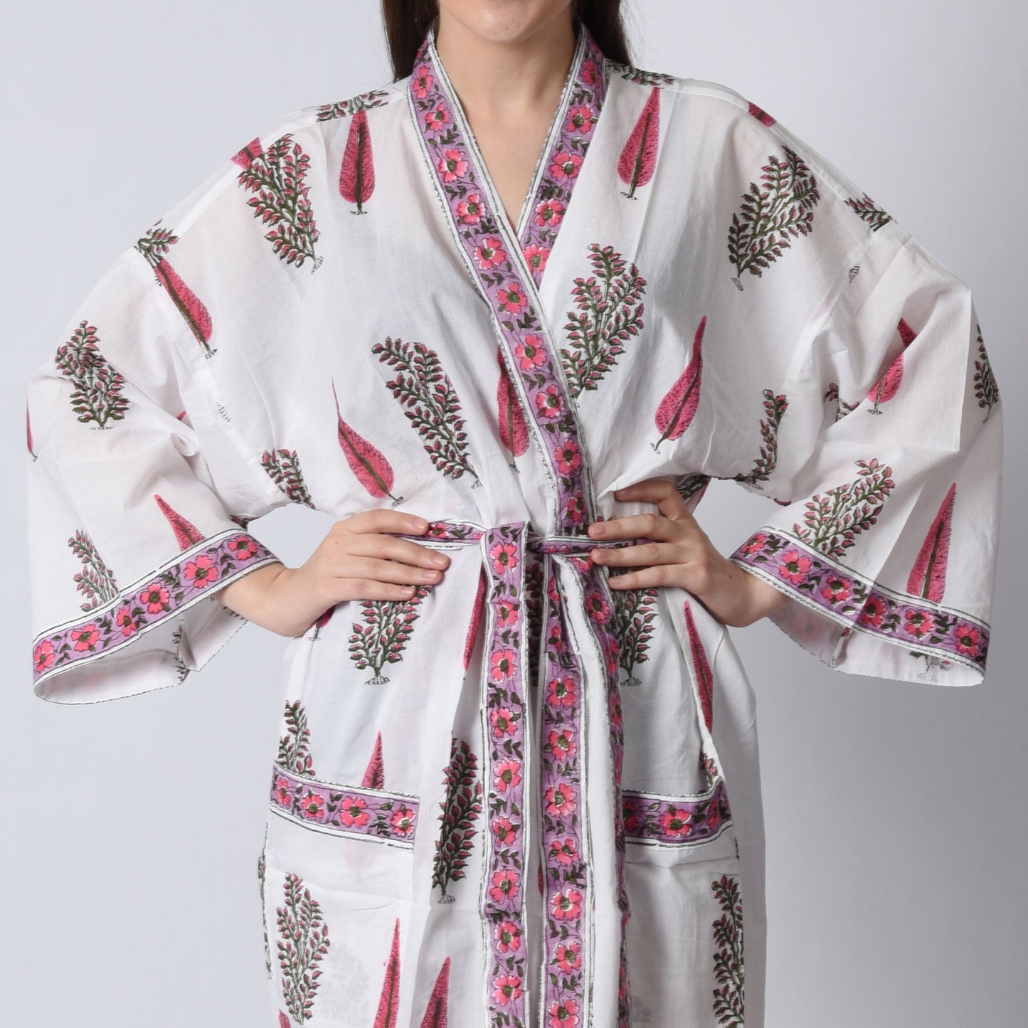 Hand Block Printed Sanganeri Jaipuri Floral Women Casual Kimono Dress Beach wear sleepwear belted dress