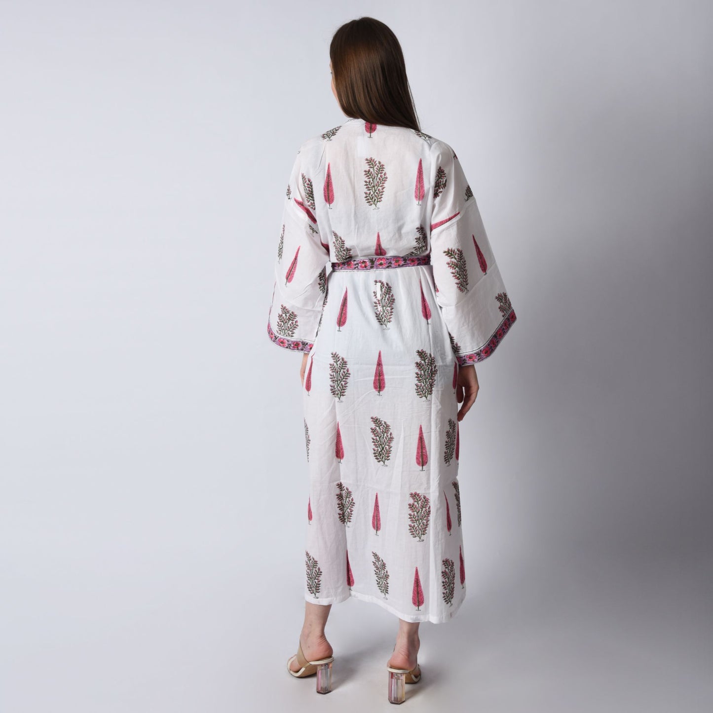 Hand Block Printed Sanganeri Jaipuri Floral Women Casual Kimono Dress Beach wear sleepwear belted dress