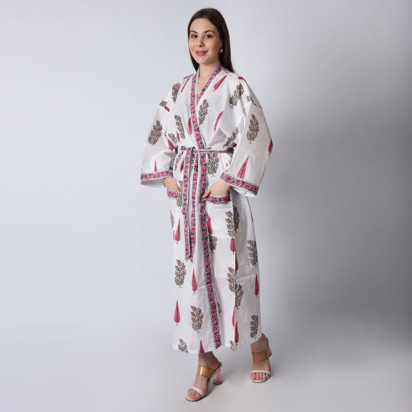 Hand Block Printed Sanganeri Jaipuri Floral Women Casual Kimono Dress Beach wear sleepwear belted dress