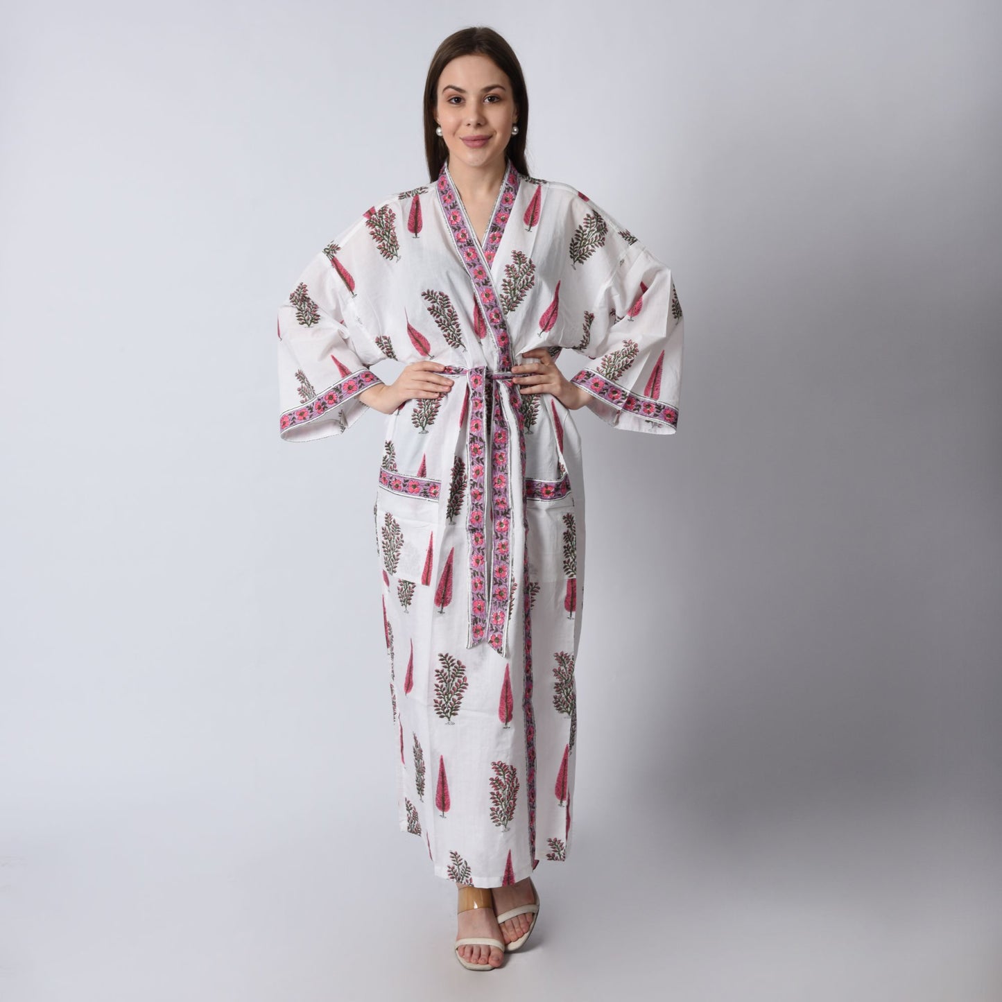 Hand Block Printed Sanganeri Jaipuri Floral Women Casual Kimono Dress Beach wear sleepwear belted dress