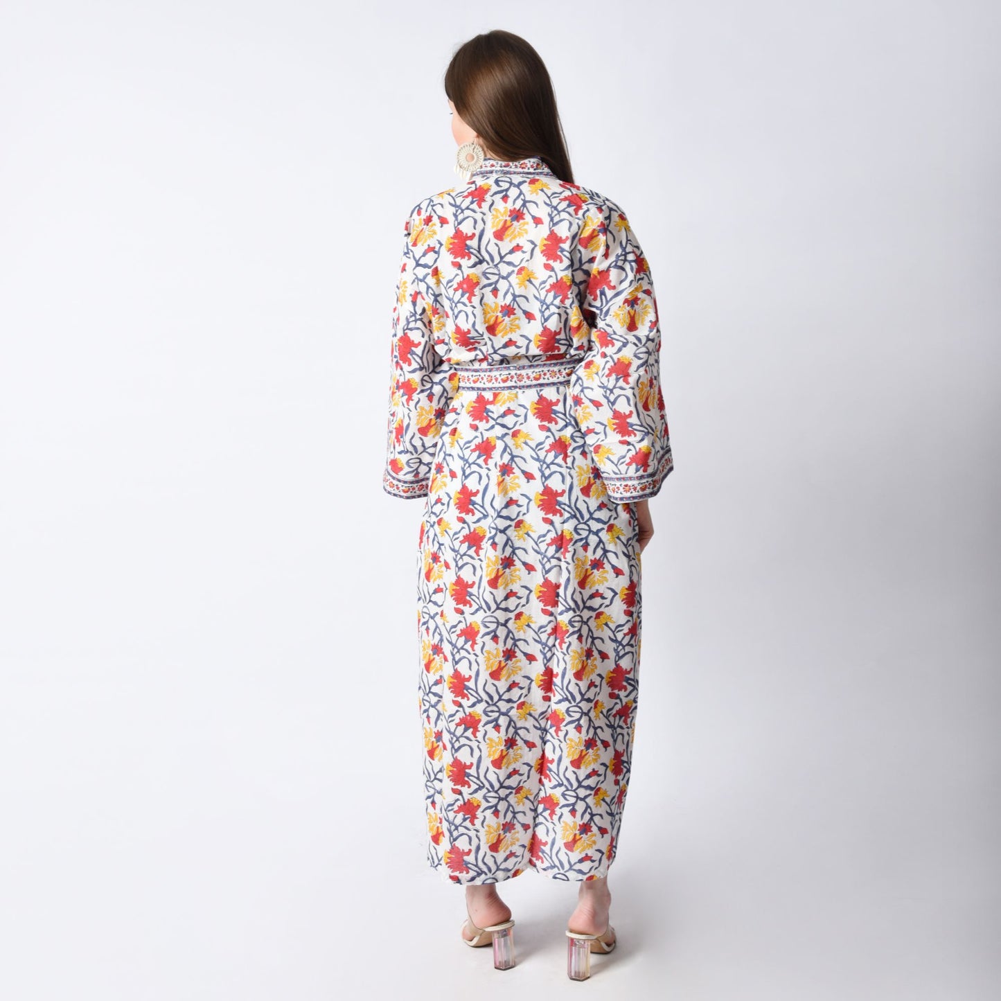 Hand Block Printed Sanganeri Jaipuri Floral Women Casual Kimono Dress Beach wear sleepwear belted dress