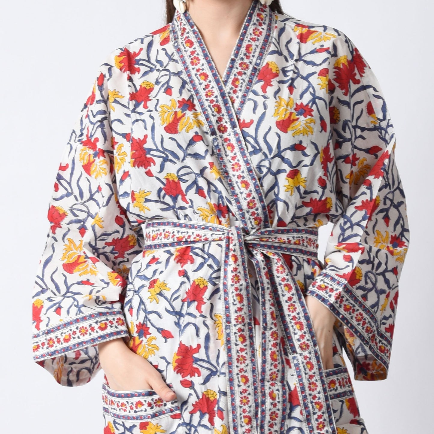 Hand Block Printed Sanganeri Jaipuri Floral Women Casual Kimono Dress Beach wear sleepwear belted dress