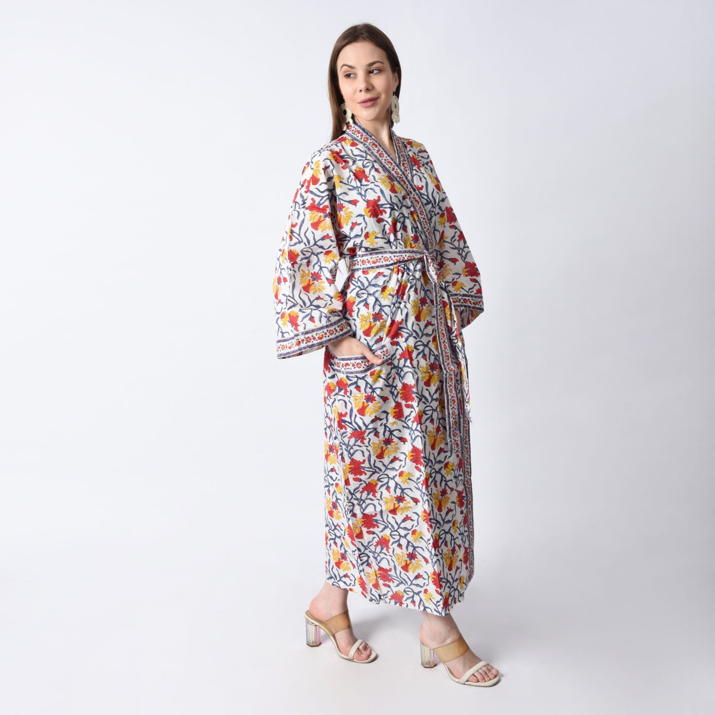 Hand Block Printed Sanganeri Jaipuri Floral Women Casual Kimono Dress Beach wear sleepwear belted dress