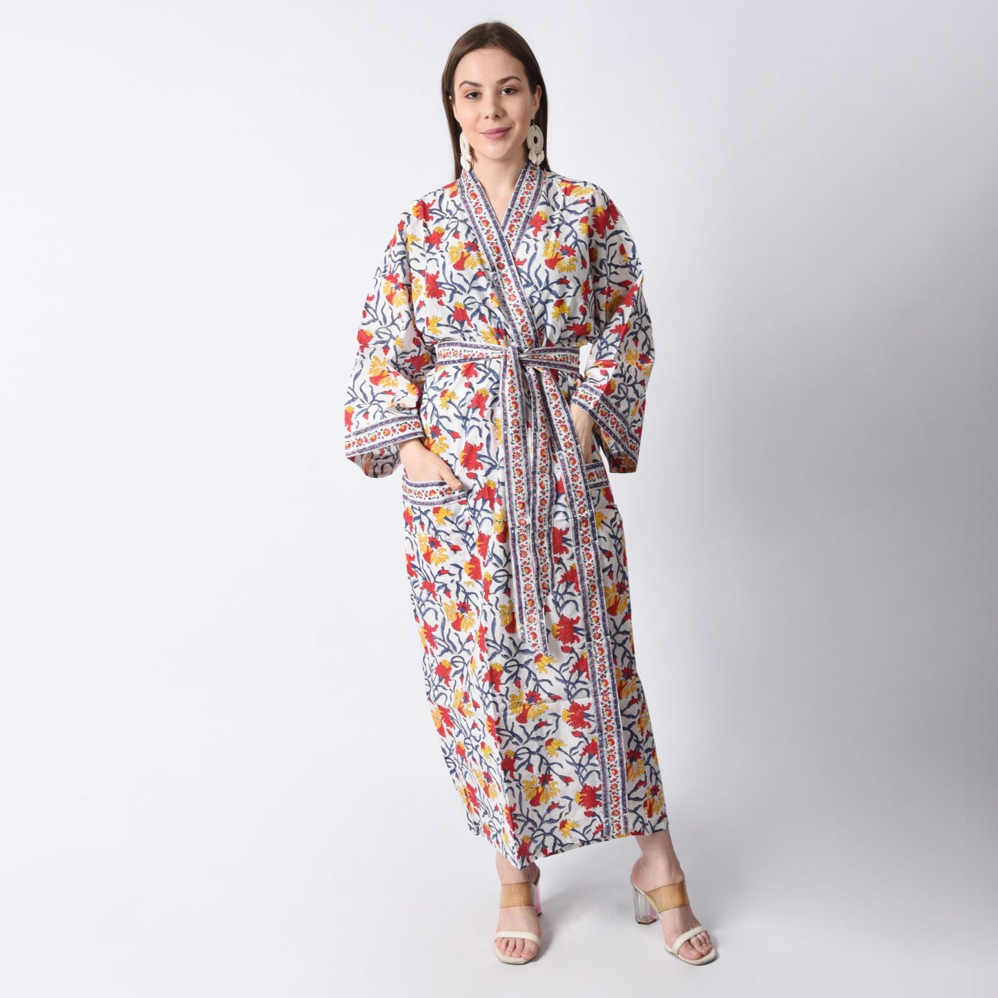 Hand Block Printed Sanganeri Jaipuri Floral Women Casual Kimono Dress Beach wear sleepwear belted dress