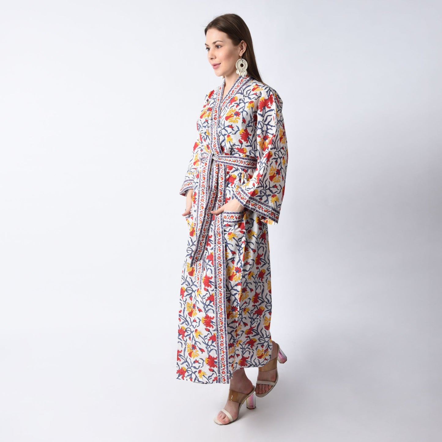 Hand Block Printed Sanganeri Jaipuri Floral Women Casual Kimono Dress Beach wear sleepwear belted dress