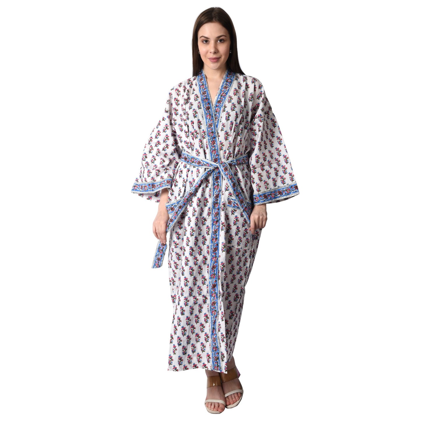 Hand Block Printed Sanganeri Jaipuri Floral Women Casual Kimono Dress Beach wear sleepwear belted dress