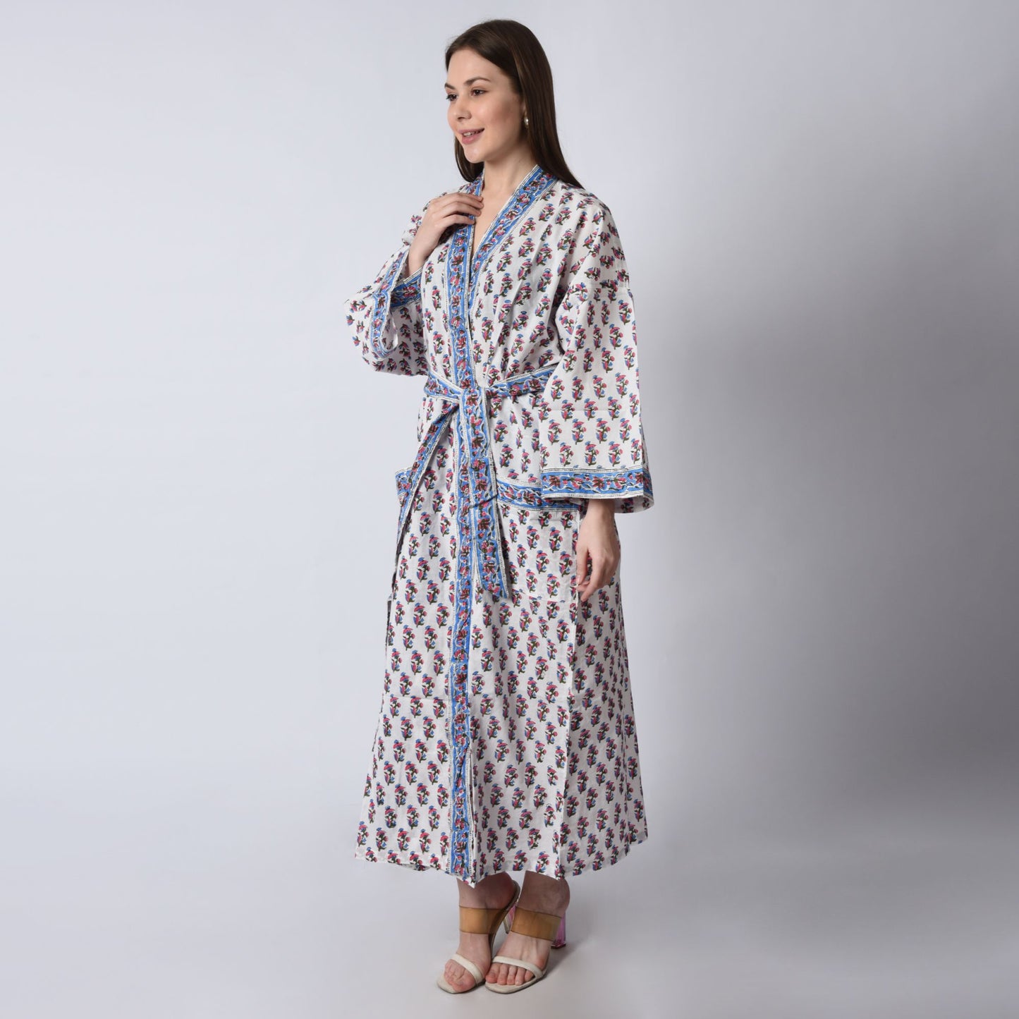 Hand Block Printed Sanganeri Jaipuri Floral Women Casual Kimono Dress Beach wear sleepwear belted dress