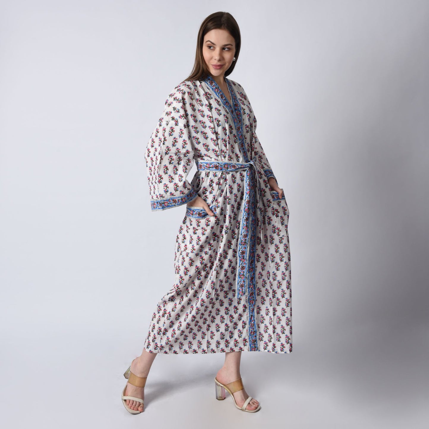 Hand Block Printed Sanganeri Jaipuri Floral Women Casual Kimono Dress Beach wear sleepwear belted dress