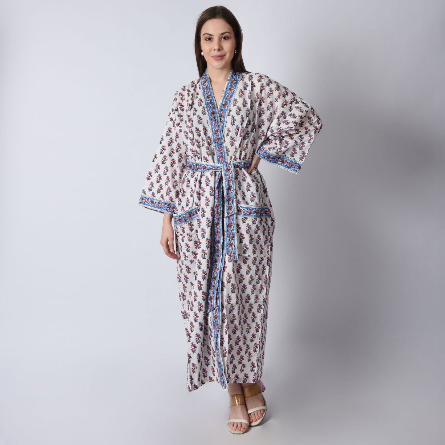 Hand Block Printed Sanganeri Jaipuri Floral Women Casual Kimono Dress Beach wear sleepwear belted dress