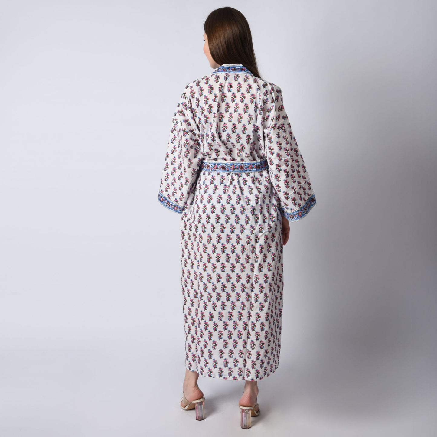 Hand Block Printed Sanganeri Jaipuri Floral Women Casual Kimono Dress Beach wear sleepwear belted dress