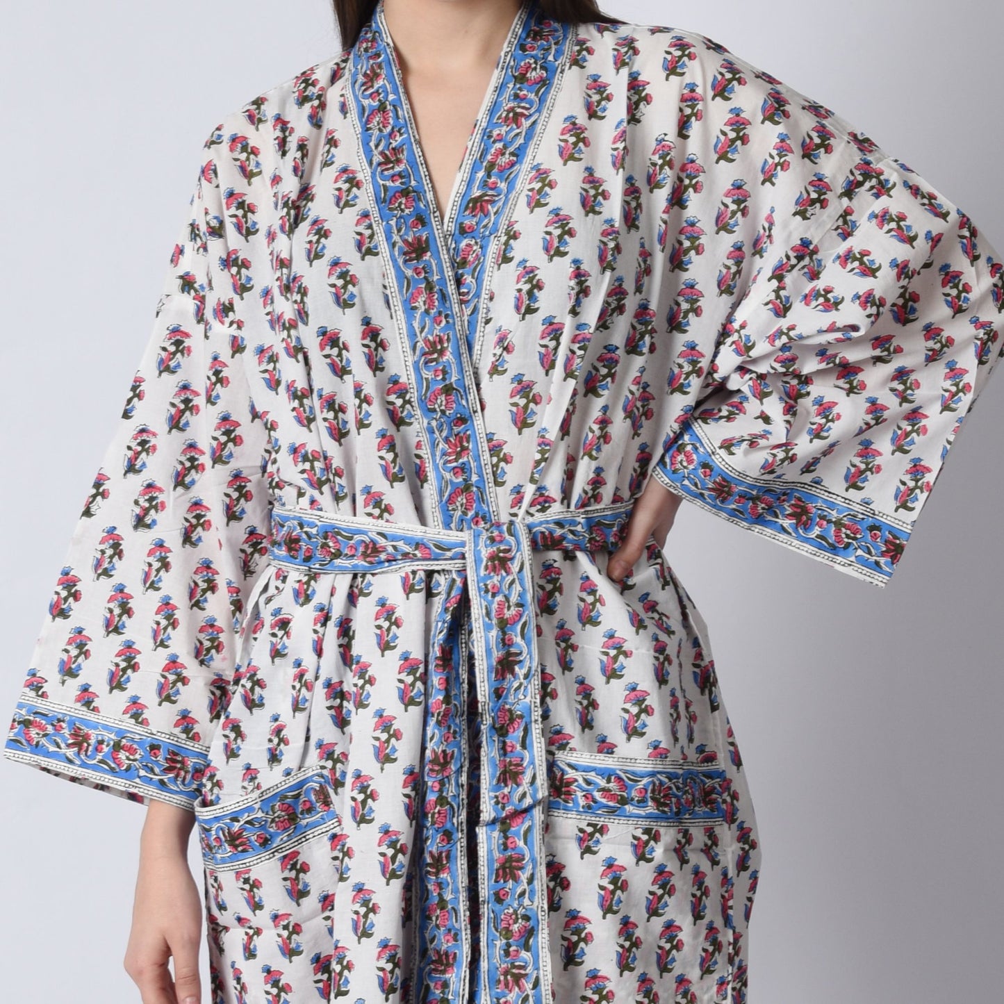 Hand Block Printed Sanganeri Jaipuri Floral Women Casual Kimono Dress Beach wear sleepwear belted dress