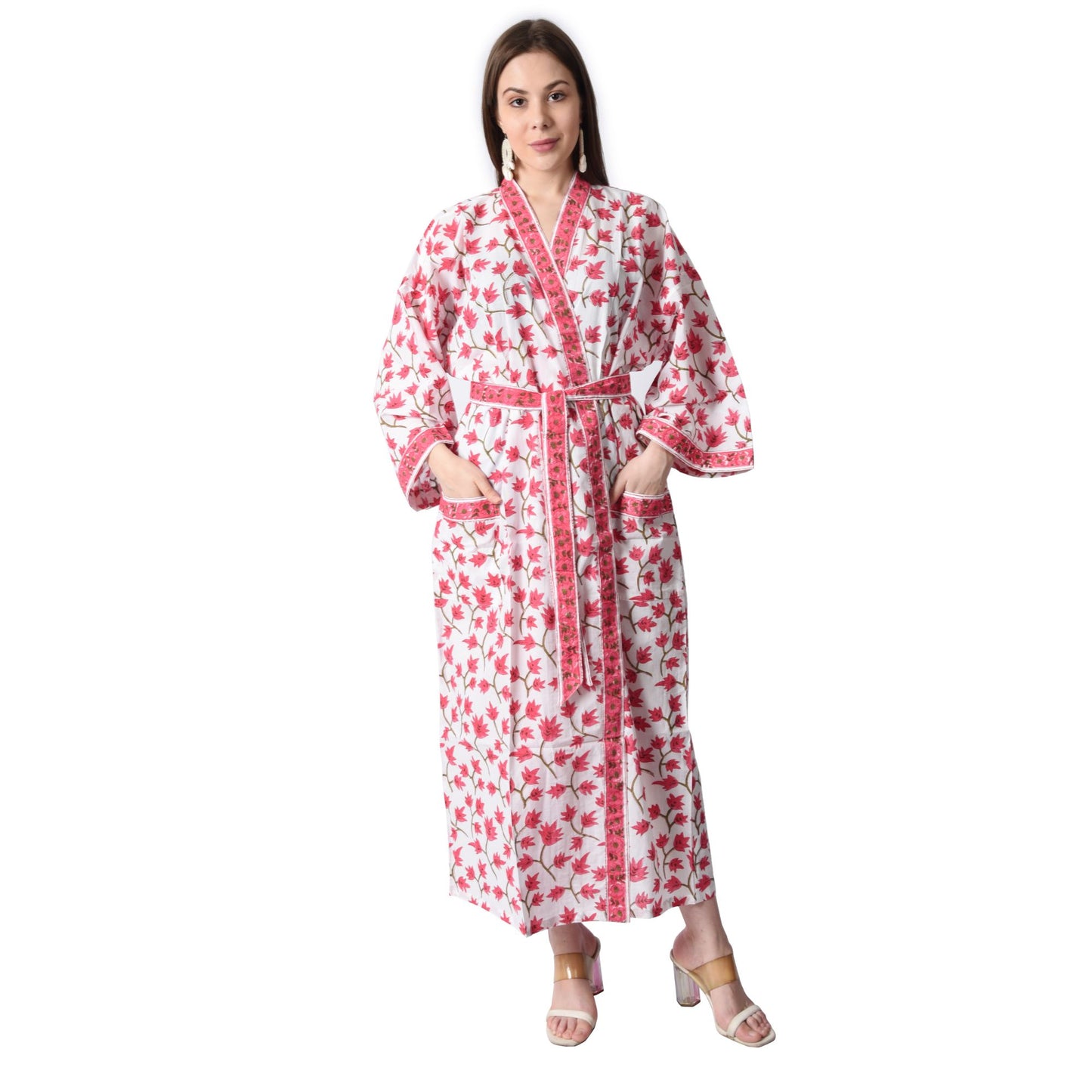 Hand Block Printed Sanganeri Jaipuri Floral Women Casual Kimono Dress Beach wear sleepwear belted dress