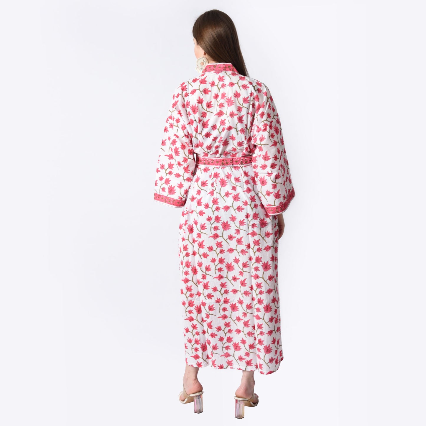 Hand Block Printed Sanganeri Jaipuri Floral Women Casual Kimono Dress Beach wear sleepwear belted dress