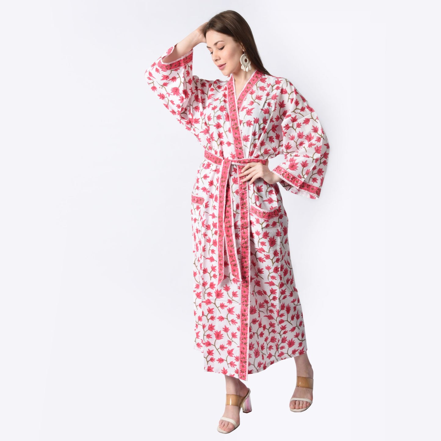 Hand Block Printed Sanganeri Jaipuri Floral Women Casual Kimono Dress Beach wear sleepwear belted dress
