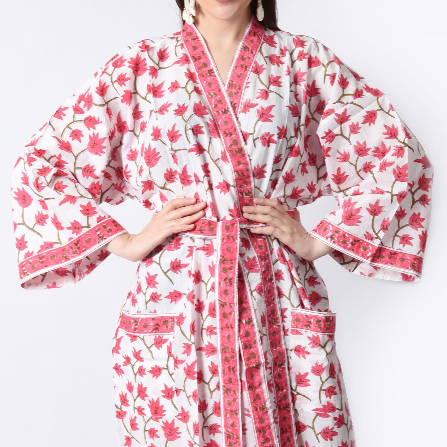 Hand Block Printed Sanganeri Jaipuri Floral Women Casual Kimono Dress Beach wear sleepwear belted dress