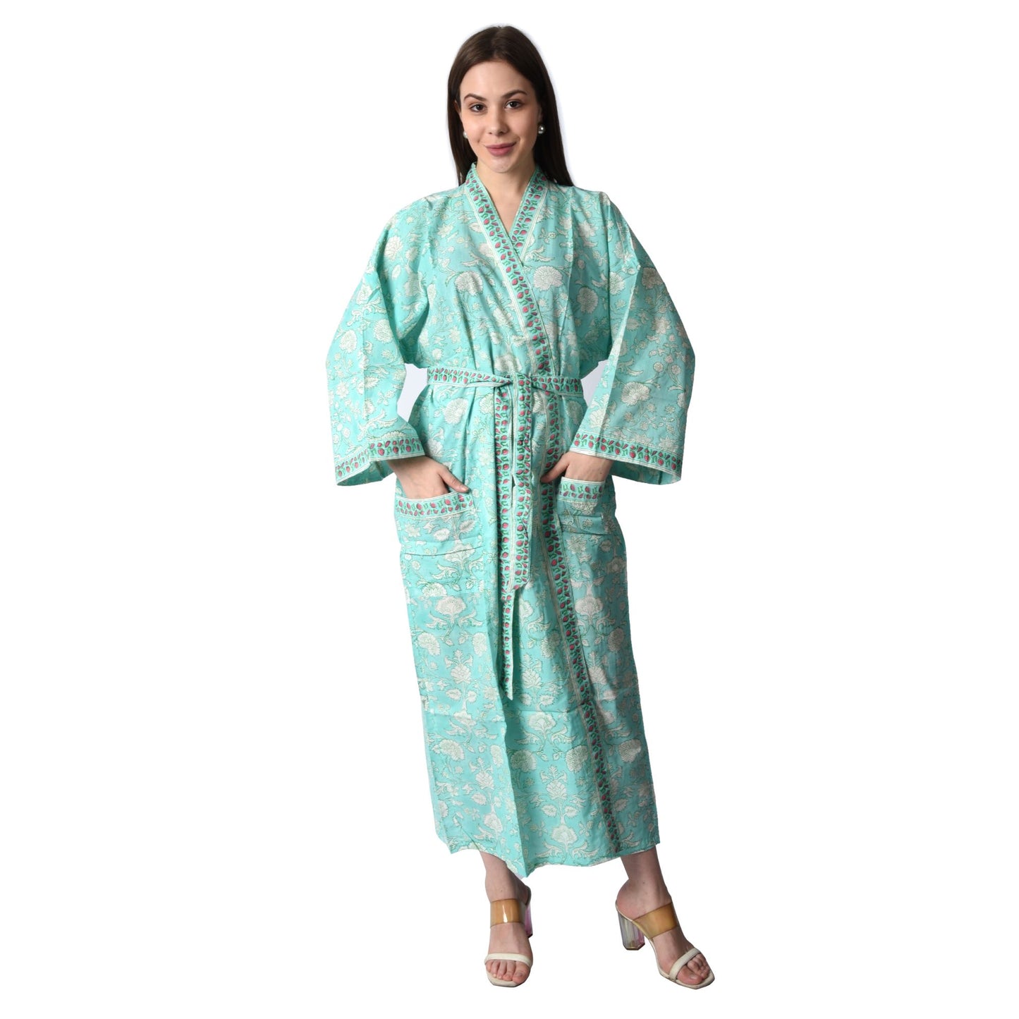 Hand Block Printed Sanganeri Jaipuri Floral Women Casual Kimono Dress Beach wear sleepwear belted dress