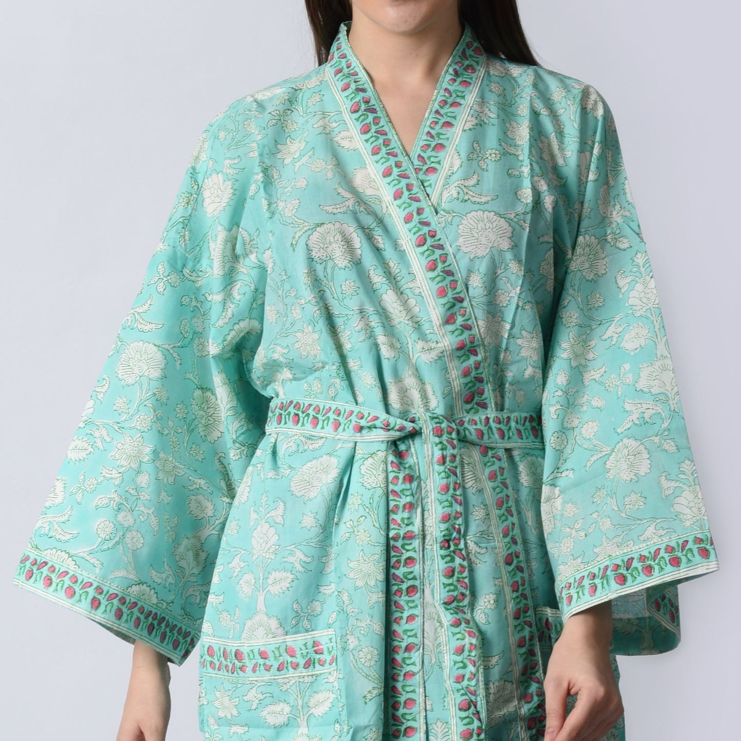 Hand Block Printed Sanganeri Jaipuri Floral Women Casual Kimono Dress Beach wear sleepwear belted dress