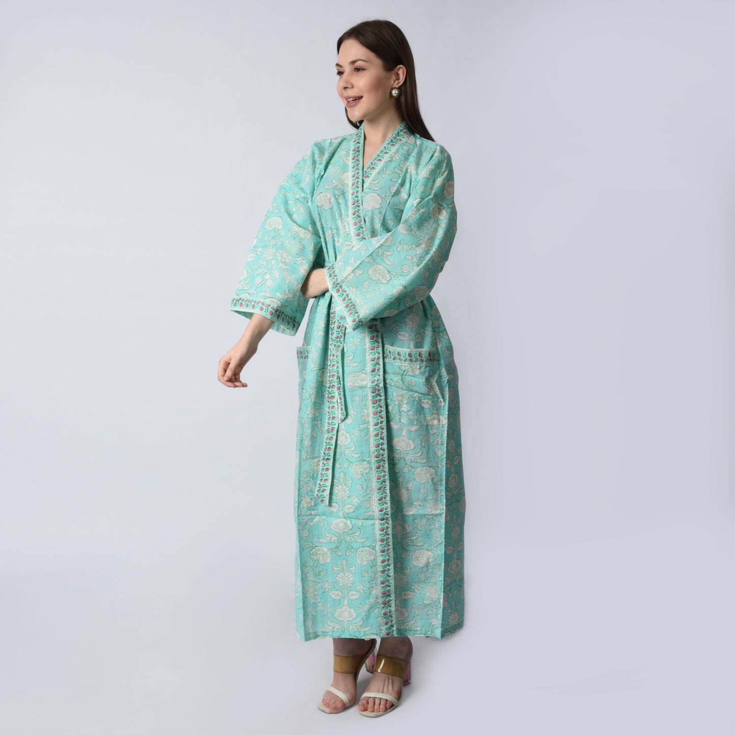 Hand Block Printed Sanganeri Jaipuri Floral Women Casual Kimono Dress Beach wear sleepwear belted dress