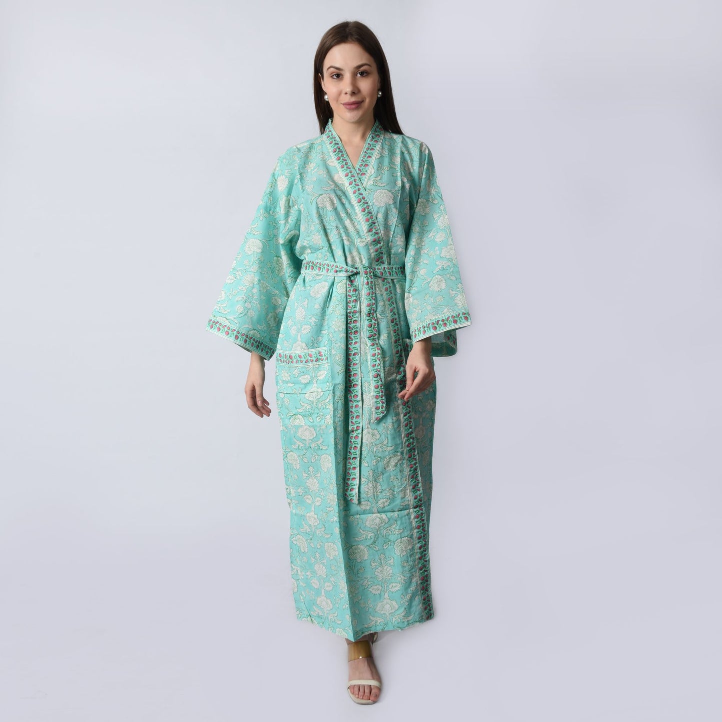 Hand Block Printed Sanganeri Jaipuri Floral Women Casual Kimono Dress Beach wear sleepwear belted dress