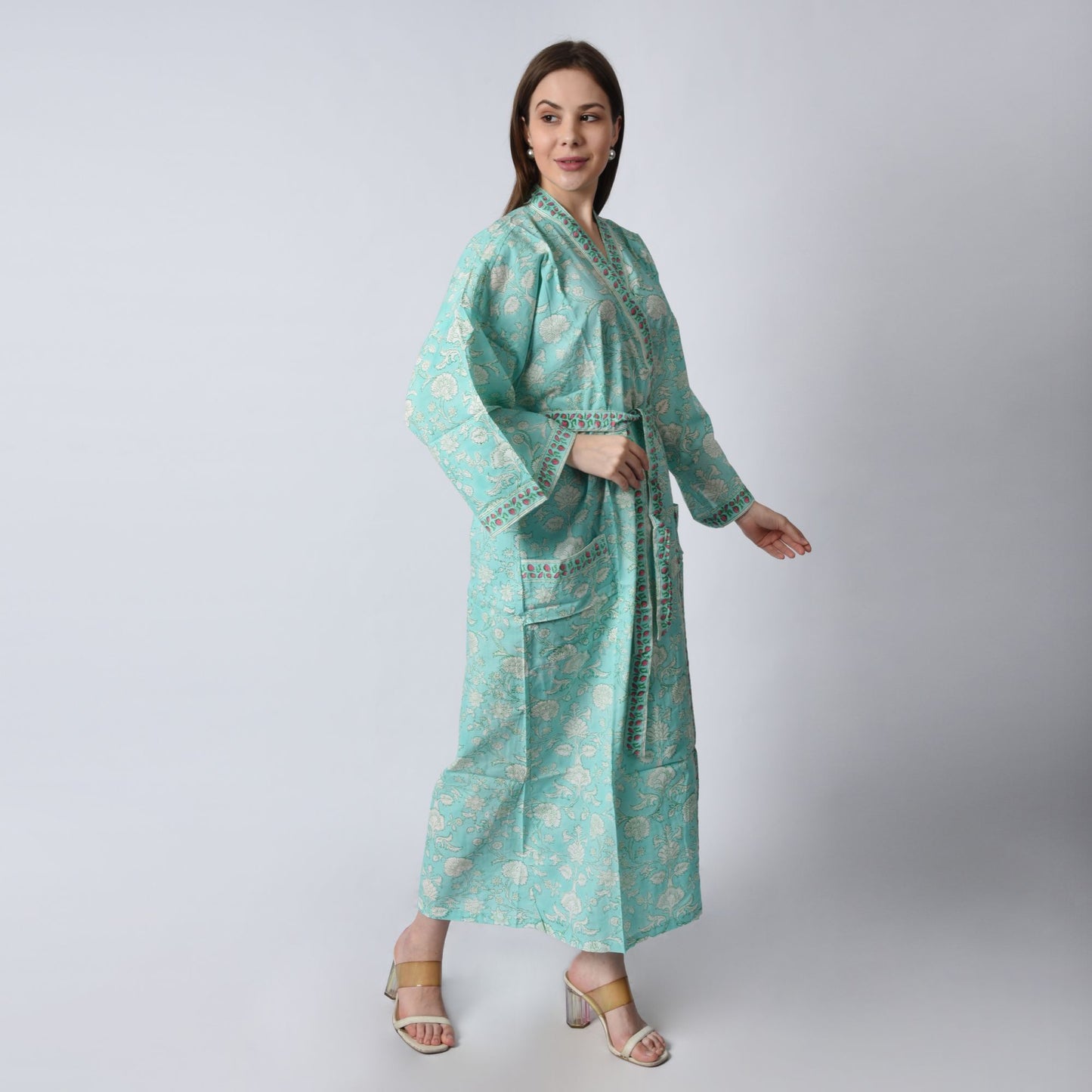 Hand Block Printed Sanganeri Jaipuri Floral Women Casual Kimono Dress Beach wear sleepwear belted dress