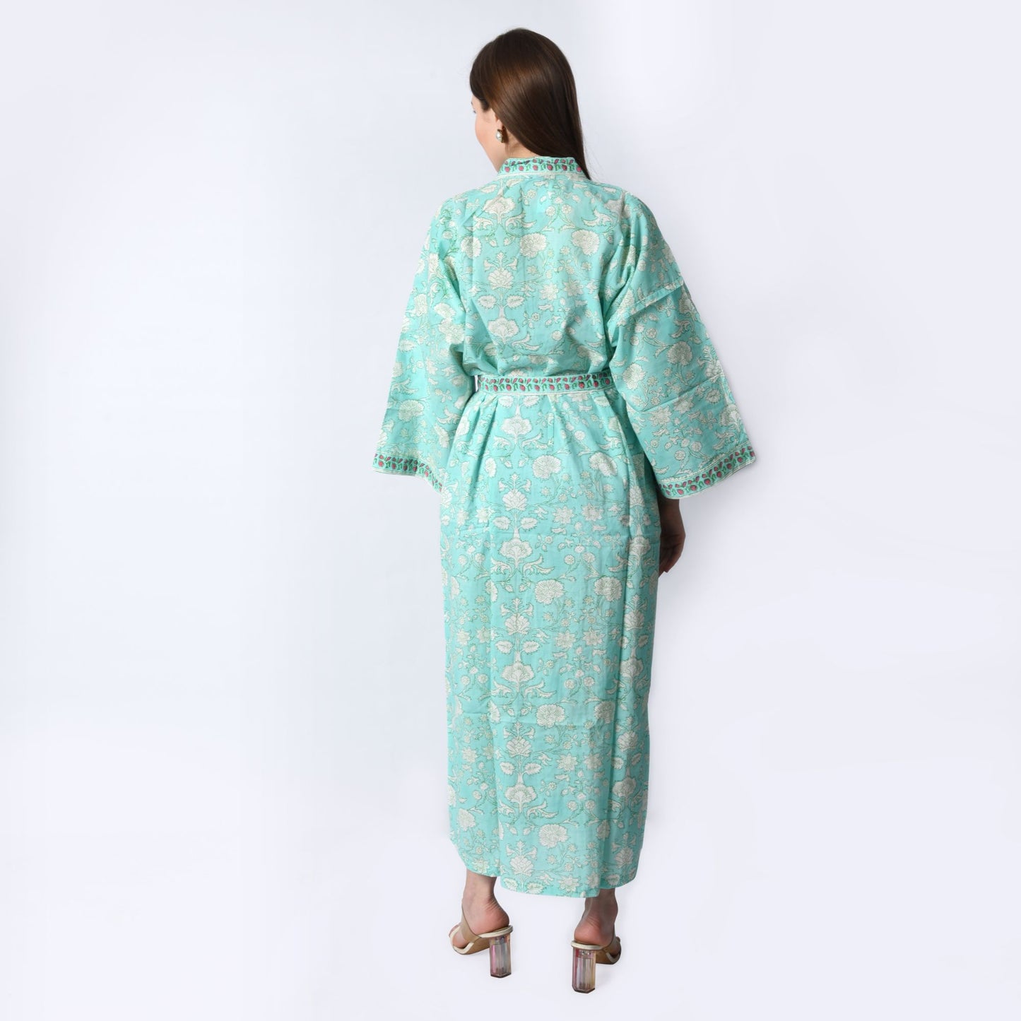 Hand Block Printed Sanganeri Jaipuri Floral Women Casual Kimono Dress Beach wear sleepwear belted dress