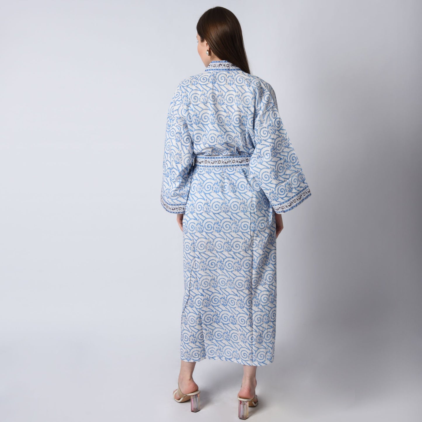 Hand Block Printed Sanganeri Jaipuri Floral Women Casual Kimono Dress Beach wear sleepwear belted dress