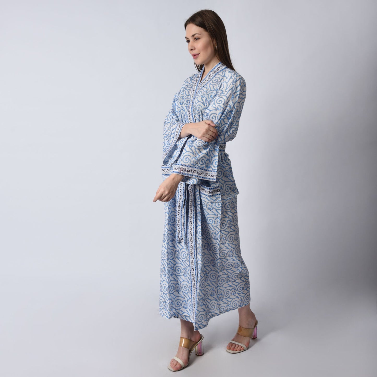 Hand Block Printed Sanganeri Jaipuri Floral Women Casual Kimono Dress Beach wear sleepwear belted dress