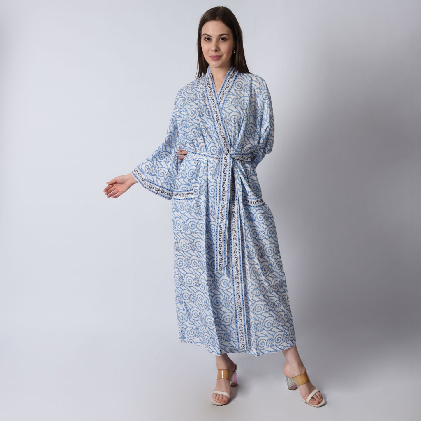 Hand Block Printed Sanganeri Jaipuri Floral Women Casual Kimono Dress Beach wear sleepwear belted dress