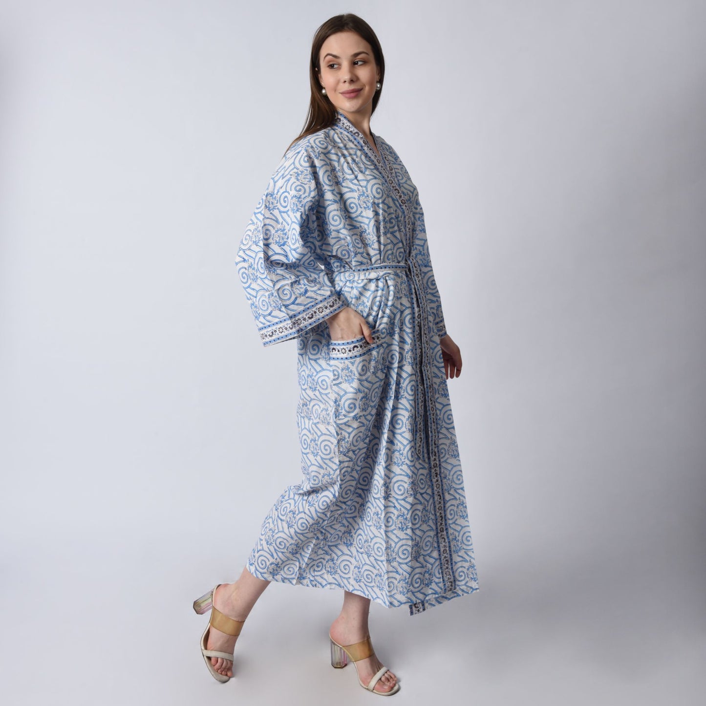 Hand Block Printed Sanganeri Jaipuri Floral Women Casual Kimono Dress Beach wear sleepwear belted dress