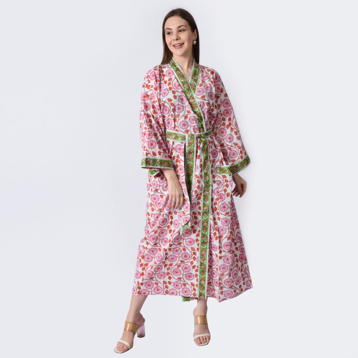 Hand Block Printed Sanganeri Jaipuri Floral Women Casual Kimono Dress Beach wear sleepwear belted dress