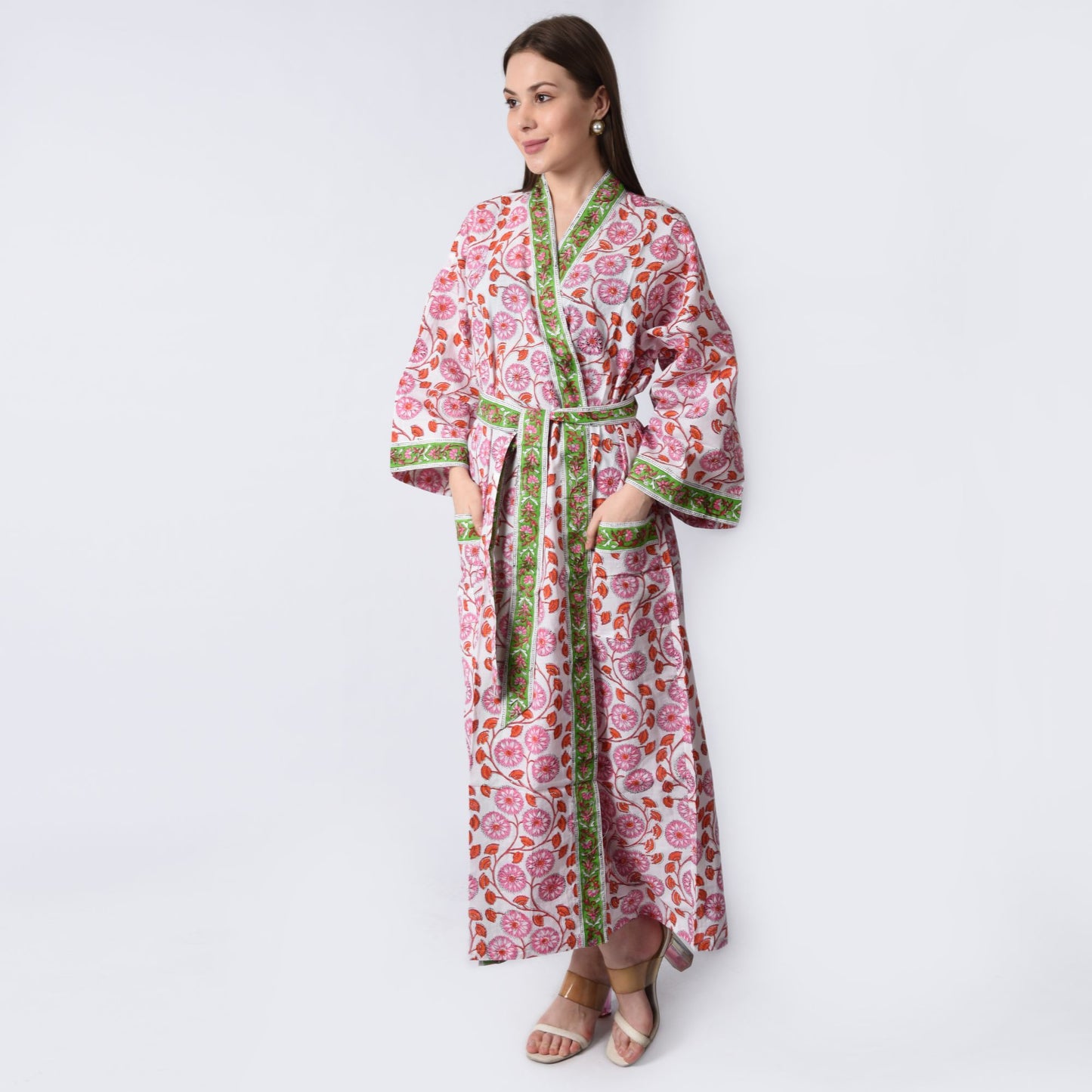 Hand Block Printed Sanganeri Jaipuri Floral Women Casual Kimono Dress Beach wear sleepwear belted dress