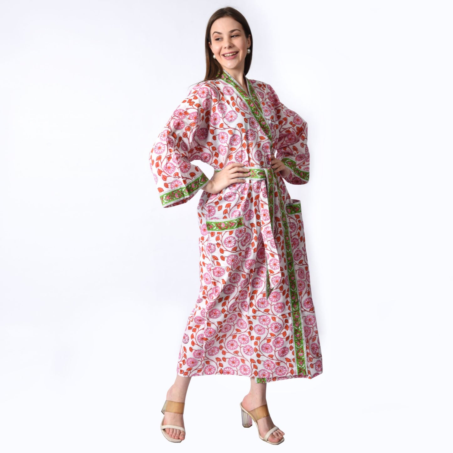 Hand Block Printed Sanganeri Jaipuri Floral Women Casual Kimono Dress Beach wear sleepwear belted dress