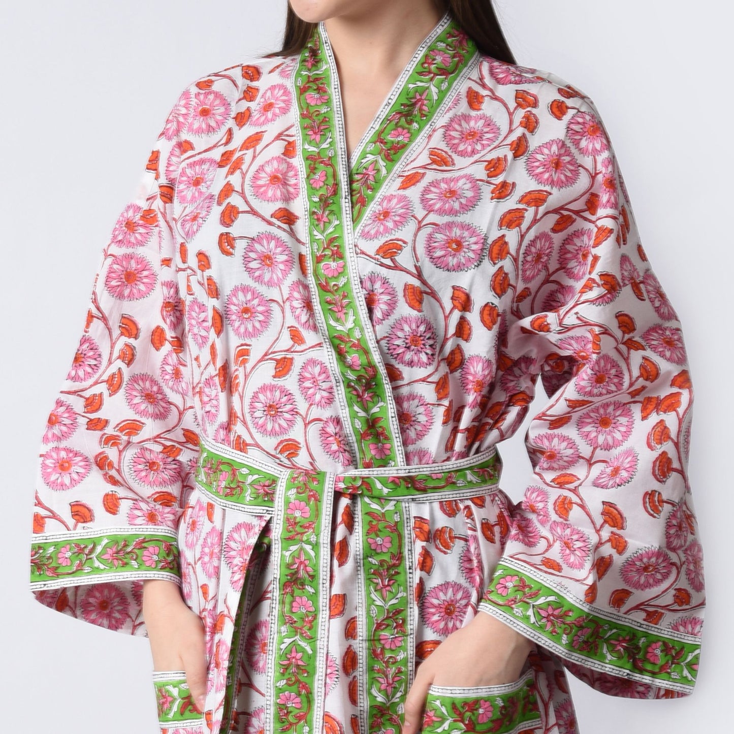 Hand Block Printed Sanganeri Jaipuri Floral Women Casual Kimono Dress Beach wear sleepwear belted dress