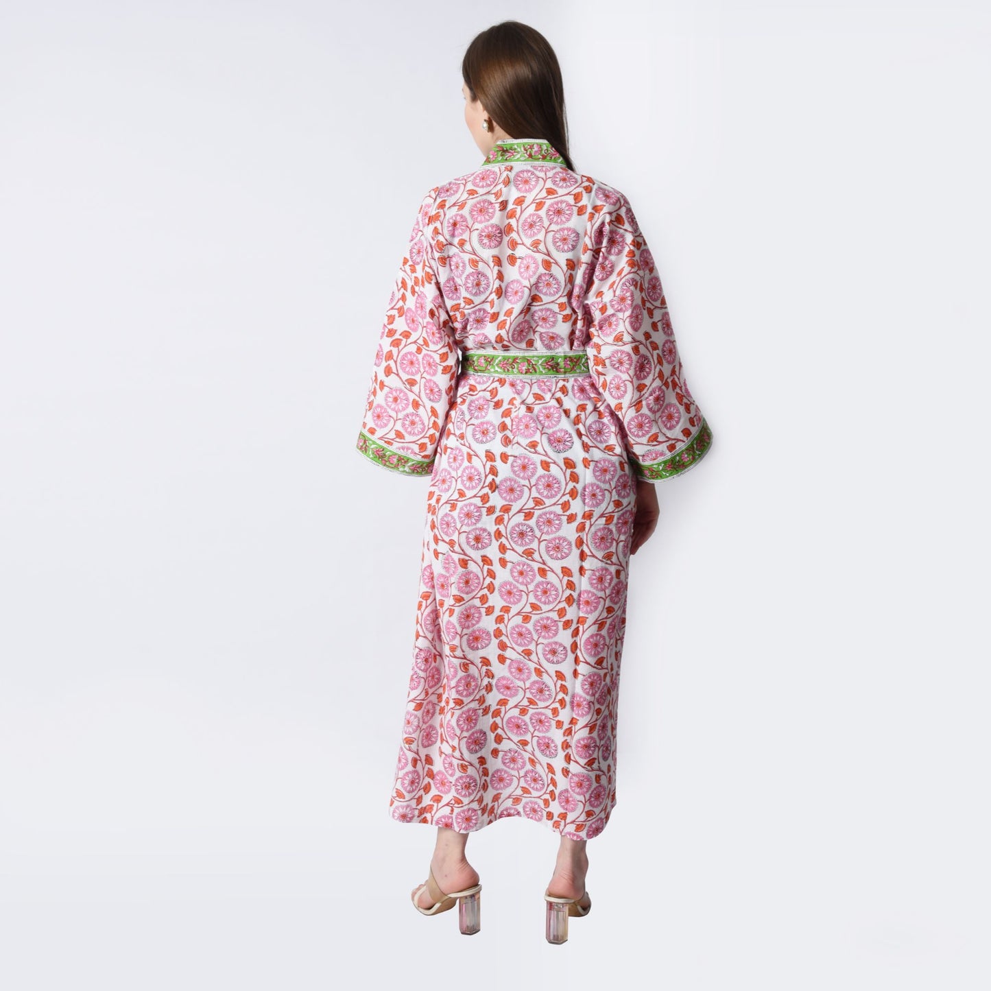 Hand Block Printed Sanganeri Jaipuri Floral Women Casual Kimono Dress Beach wear sleepwear belted dress