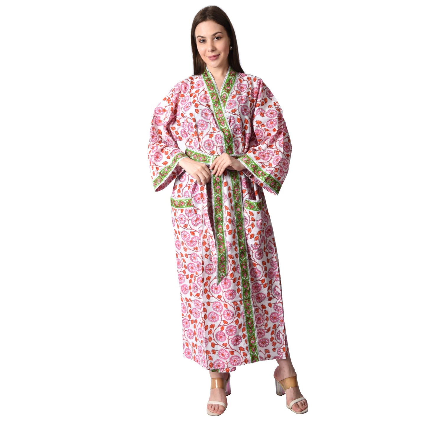 Hand Block Printed Sanganeri Jaipuri Floral Women Casual Kimono Dress Beach wear sleepwear belted dress